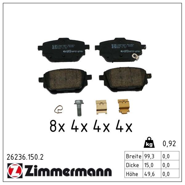 комплект спирачно феродо, дискови спирачки ZIMMERMANN
