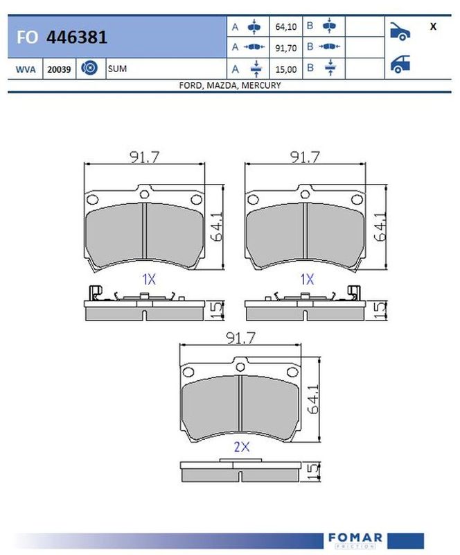 Комплект гальмівних накладок, дискове гальмо, Fomar 446381
