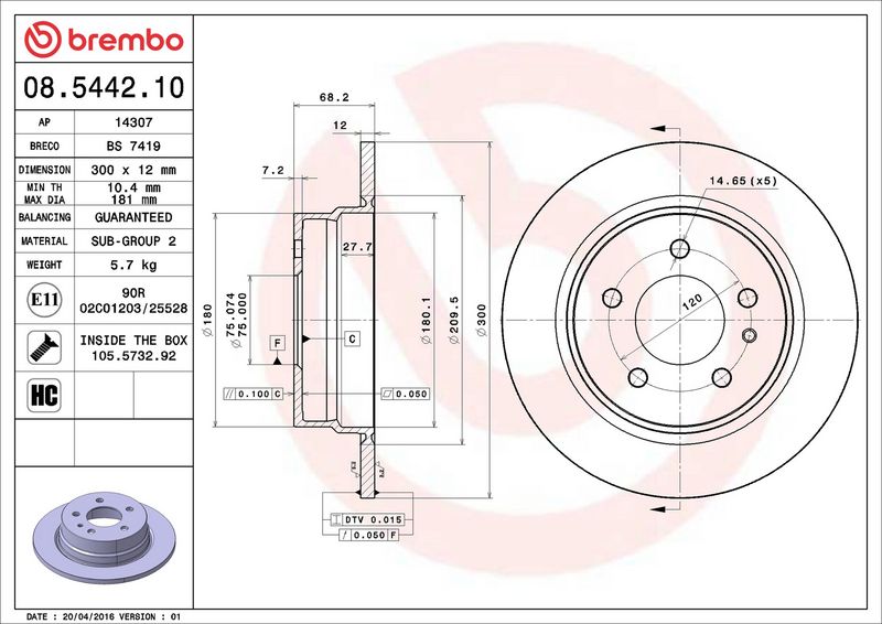 BREMBO 08.5442.10 Brake Disc