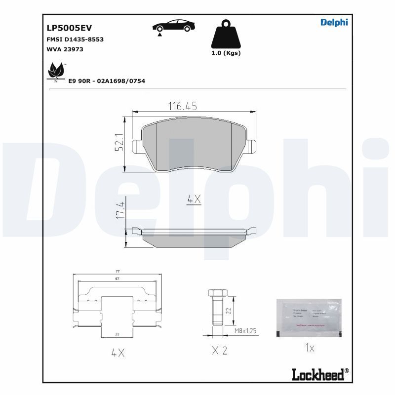 Комплект гальмівних накладок, дискове гальмо, Delphi LP5005EV