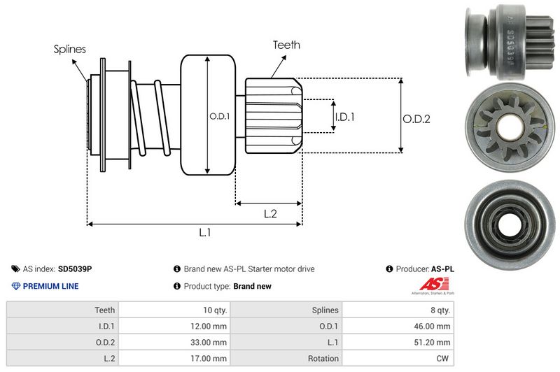 AS-PL SD5039P Freewheel Gear, starter