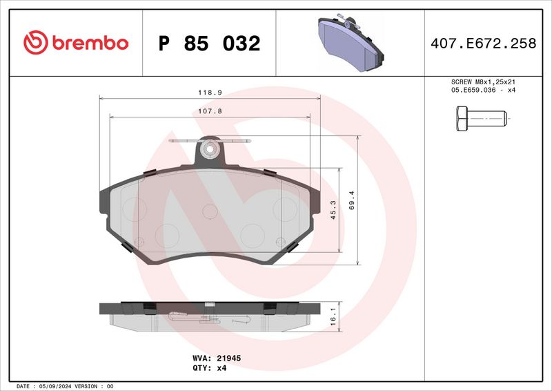 Piduriklotsi komplekt, ketaspidur, BREMBO P 85 032