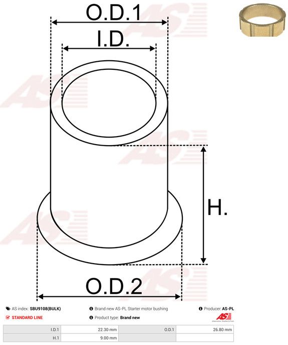 AS-PL SBU9108(BULK) Bush, starter shaft