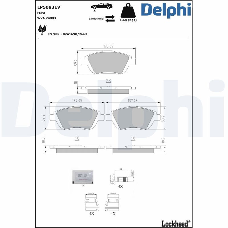 Комплект гальмівних накладок, дискове гальмо, Delphi LP5083EV