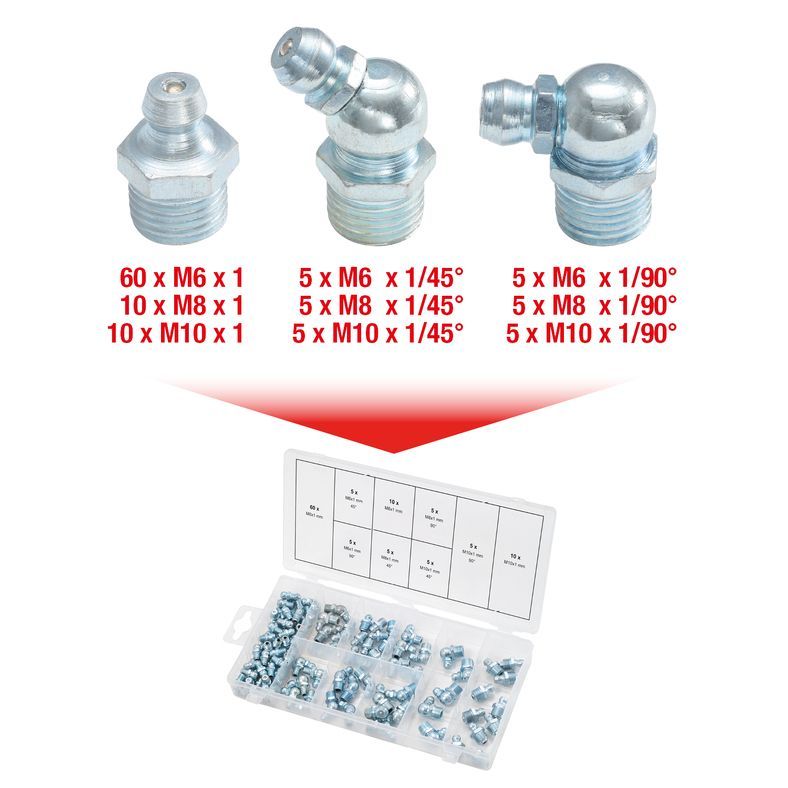 Sortimentslåda smörjnipplar, M6-8-10x1, 110 delar