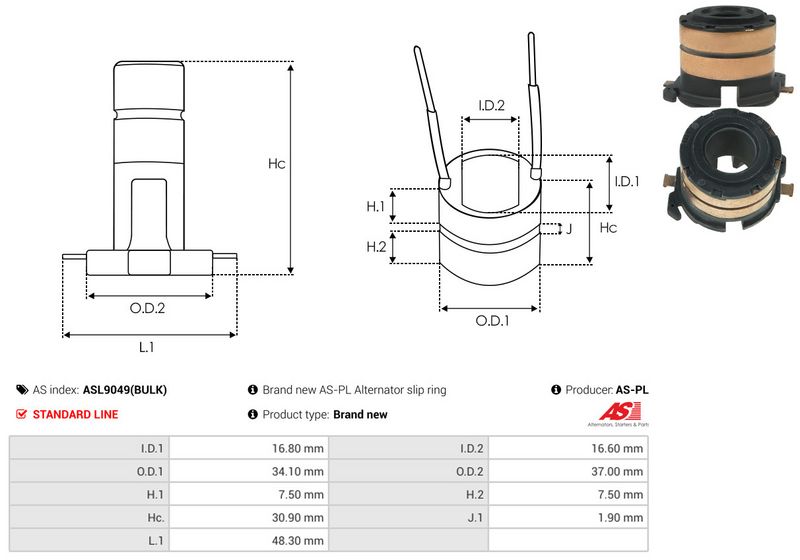 AS-PL ASL9049(BULK) Slip Ring, alternator