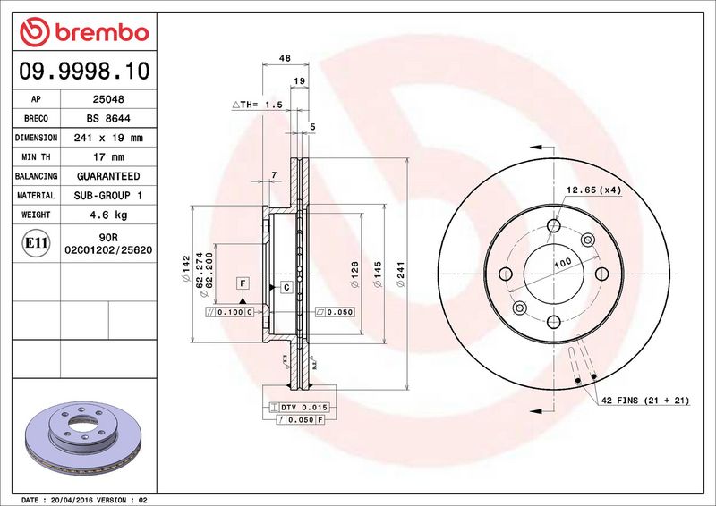 BREMBO 09.9998.10 Гальмівний диск