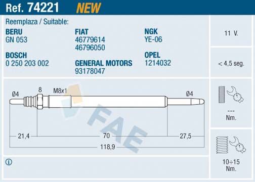 Свічка розжарювання, Fae 74221