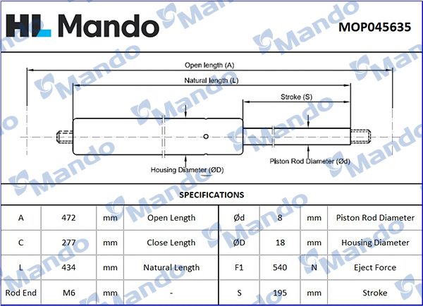 Газова пружина, багажник/кузов, Mando MOP045635