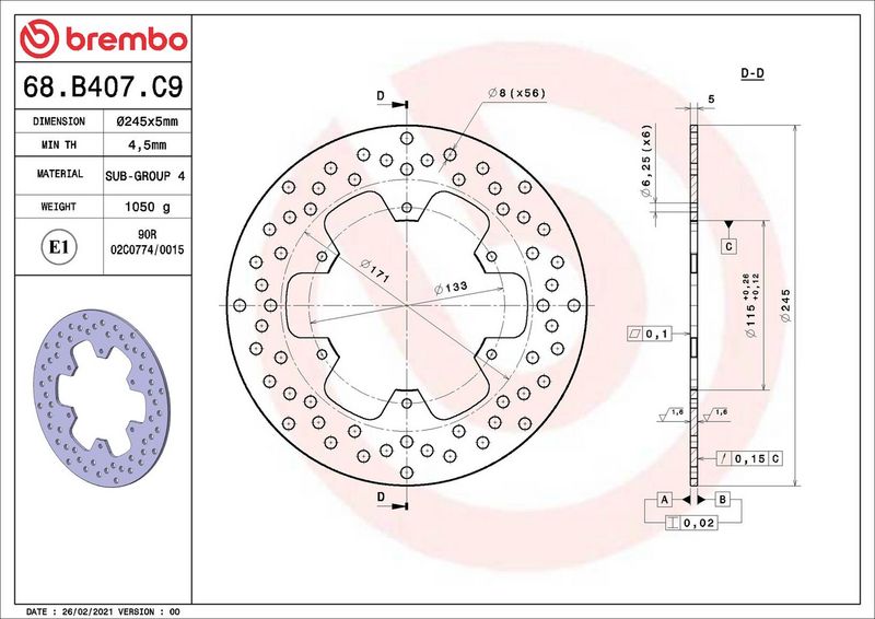 Brake disc Achter vast, 245/115x5mm 6x133mm, diameter bevestigingsgat 6,25mm, hoogte (tussenruimte) 0 past: YAMAHA FZR 1000/1000R (Thunder Ace)/500LC/600/600 (Fazer)/600H (Genesis)/600R (Genesis)/600R