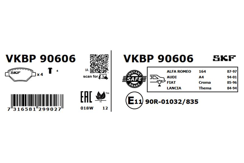 Комплект гальмівних накладок, дискове гальмо, Skf VKBP90606