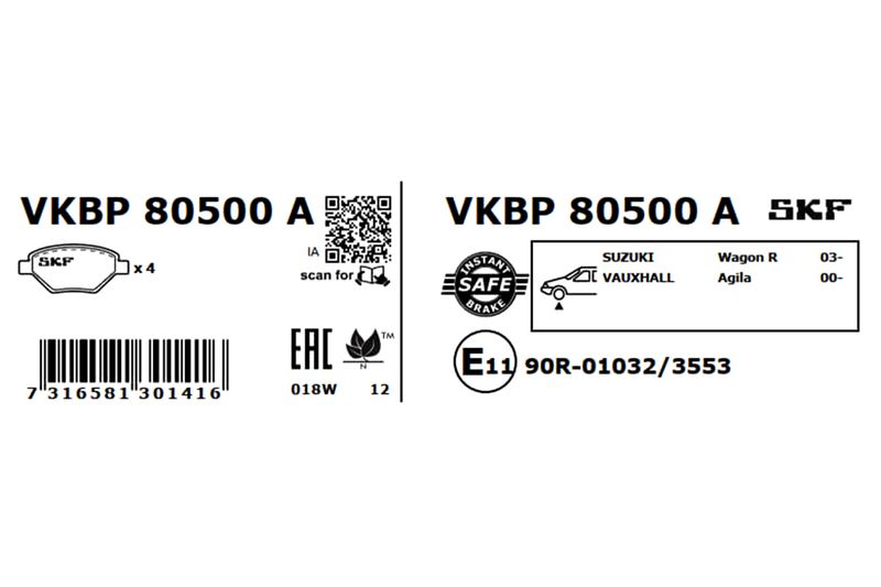 Комплект гальмівних накладок, дискове гальмо, Skf VKBP80500A