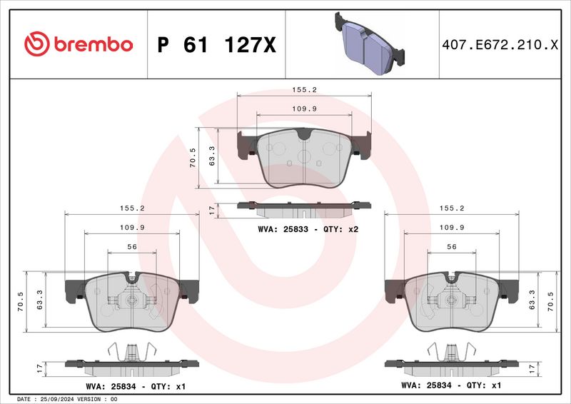 Piduriklotsi komplekt, ketaspidur, BREMBO P 61 127X