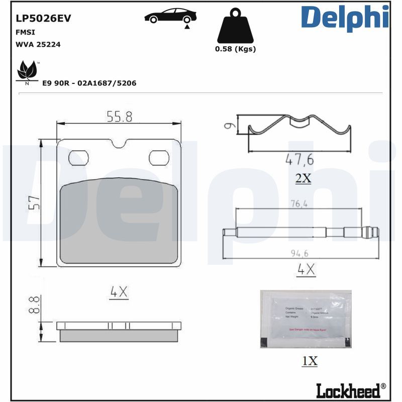 Комплект гальмівних накладок, дискове стоянкове гальмо, Delphi LP5026EV