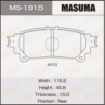 Комплект гальмівних колодок, задня вісь, 45,8мм, Lexus RX 350 (08-15)/Toyota Highlander (13-) (MS-1915) MASUMA, Masuma MS1915