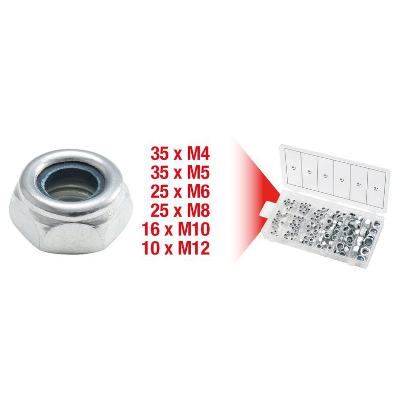 Sortimentslåda, låsmuttrar, M4-M12, 146 delar