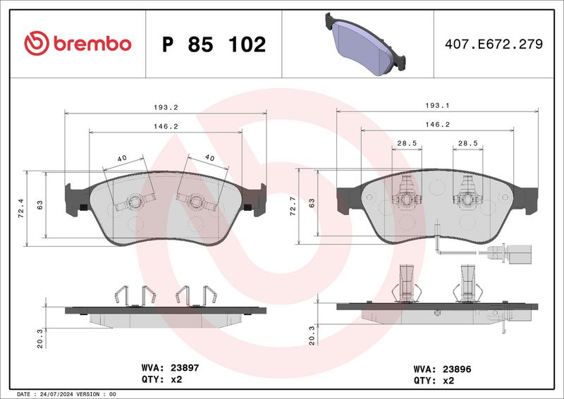 Piduriklotsi komplekt, ketaspidur, BREMBO P 85 102