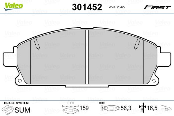 Комплект гальмівних накладок, дискове гальмо, Valeo 301452