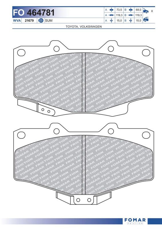 Комплект гальмівних накладок, дискове гальмо, Fomar 464781