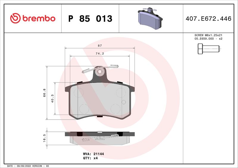 BREMBO fékbetétkészlet, tárcsafék P 85 013