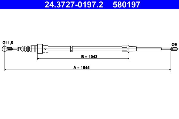 ATE 24.3727-0197.2 Трос ручника (задний) Skoda Fabia/VW Polo 99-08 (1645mm)