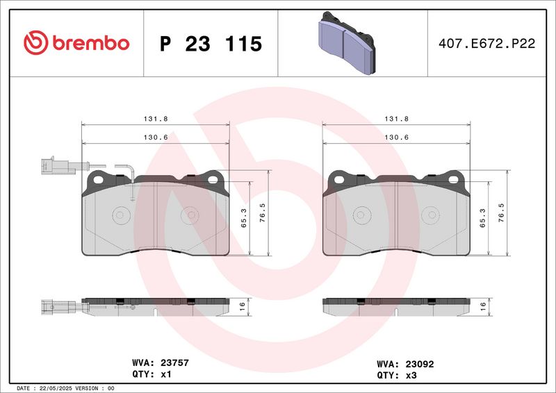 BREMBO P 23 115X Комплект гальмівних накладок, дискове гальмо