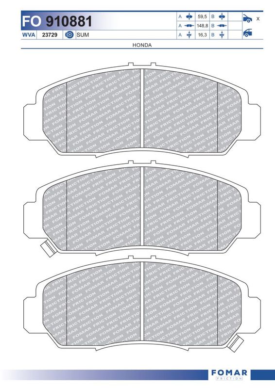 Комплект гальмівних накладок, дискове гальмо, Fomar 910881