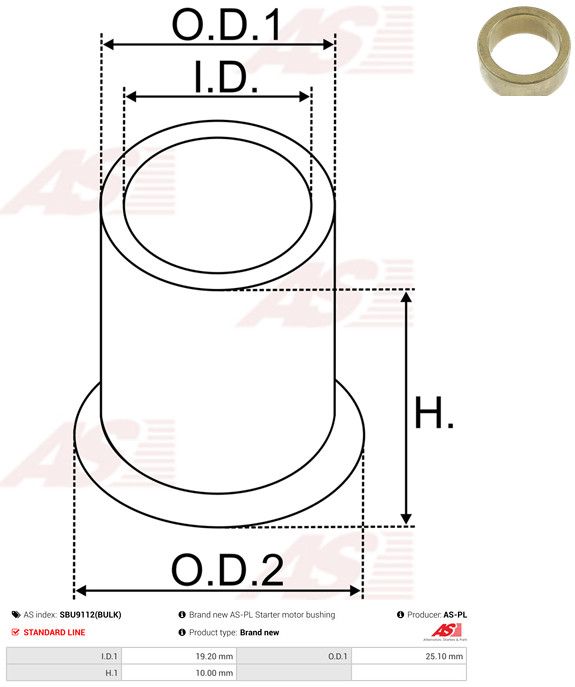 AS-PL SBU9112(BULK) Bush, starter shaft
