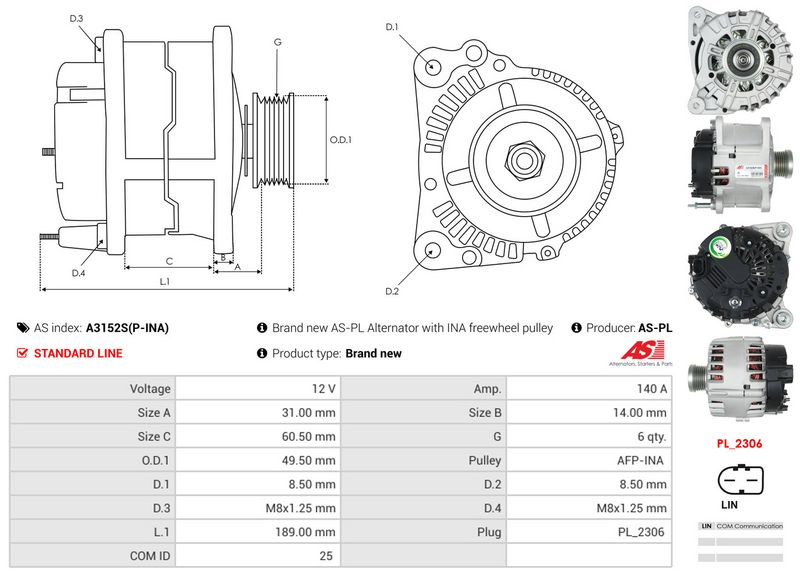 AS-PL A3152S(P-INA) Alternator