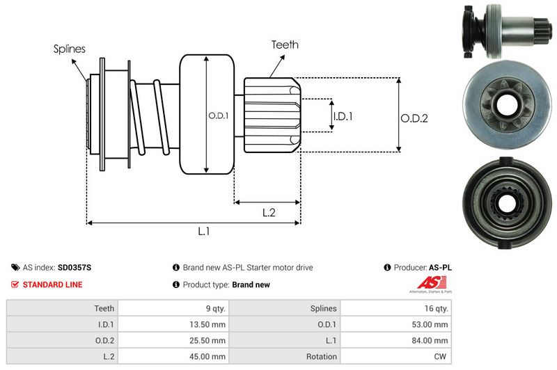 AS-PL SD0357S Freewheel Gear, starter