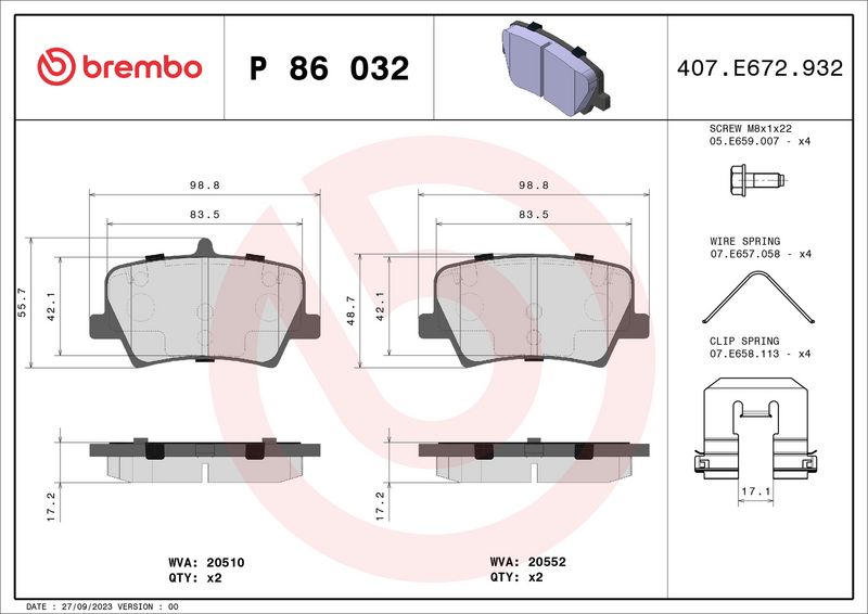 BREMBO Remblokkenset, schijfrem P 86 032