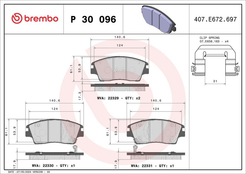 Piduriklotsi komplekt, ketaspidur, BREMBO P 30 096