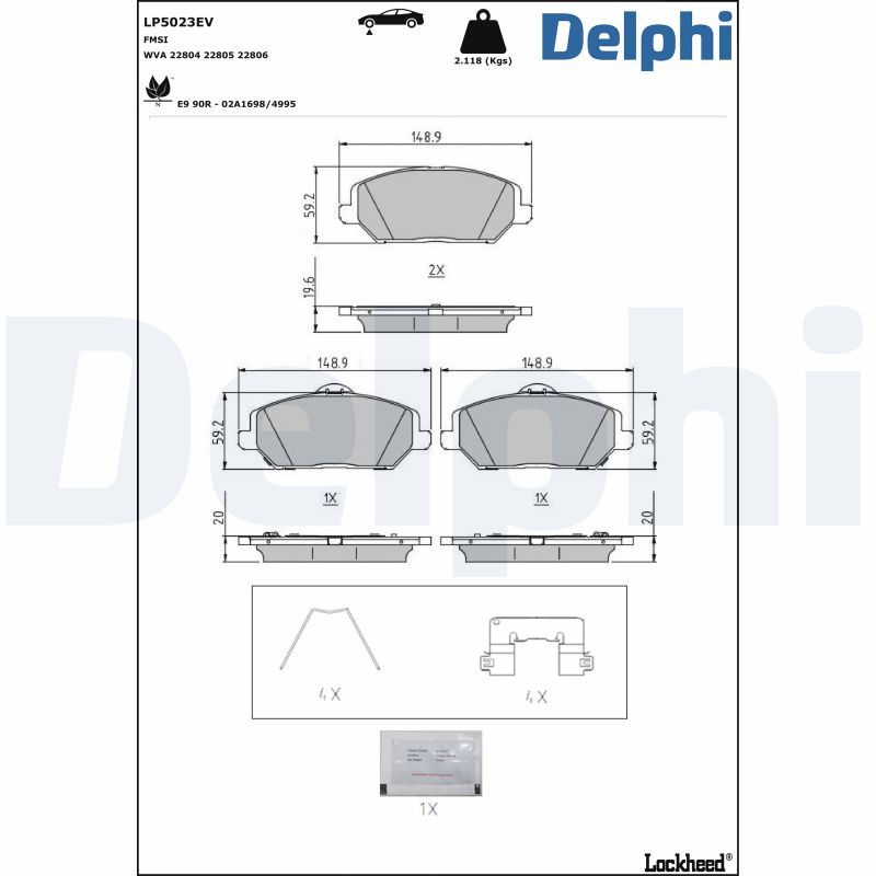 Комплект гальмівних накладок, дискове гальмо, Delphi LP5023EV