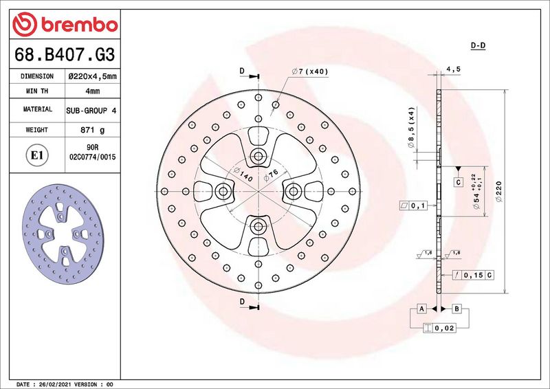 Brake disc Voor vast, 220/54x4,5mm 4x76mm, diameter bevestigingsgat 8,5mm, hoogte (tussenruimte) 0 past: MBK DOODO 125/125 (Maxster)/125 (Teos)/125 (Thunder)/125E (Skyliner)/125R (Majesty)/150 (Majest