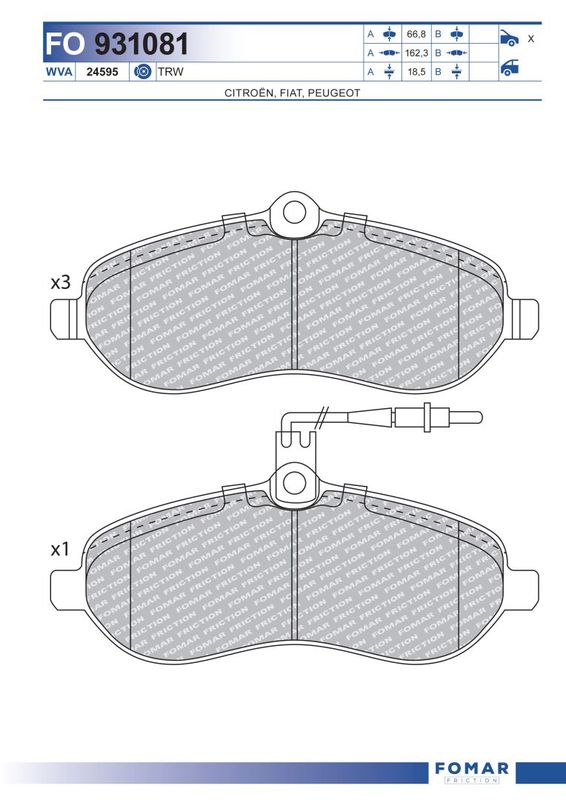 Комплект гальмівних накладок, дискове гальмо, передня вісь, гальмівна система TRW, Fomar 931081
