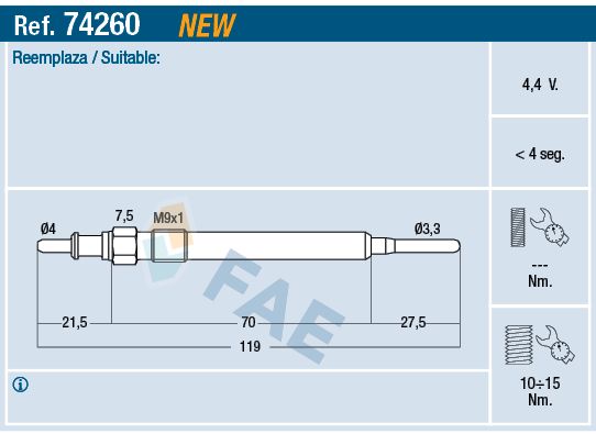 Свічка розжарювання, Fae 74260