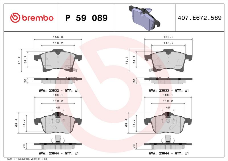 Piduriklotsi komplekt, ketaspidur, BREMBO P 59 089