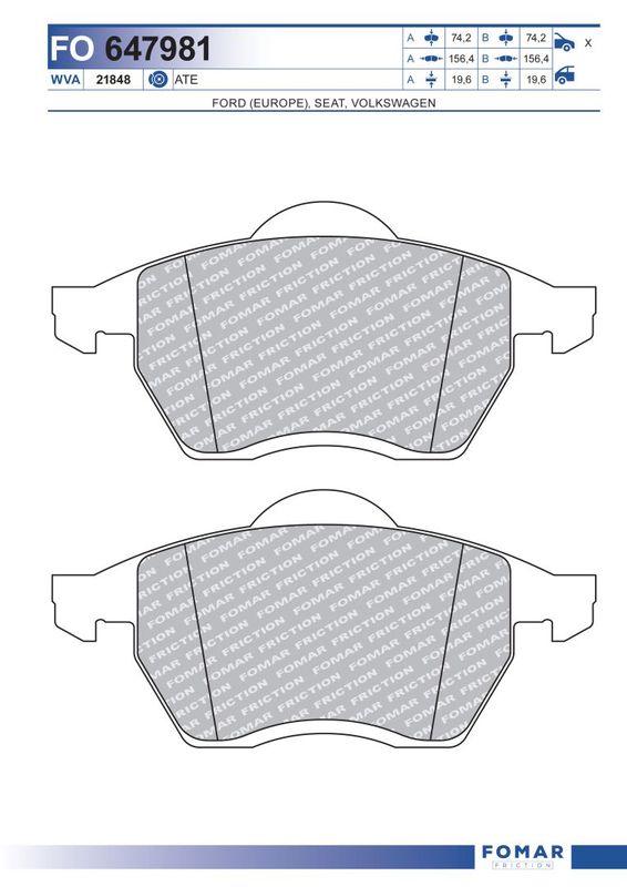 Комплект гальмівних накладок, дискове гальмо, Fomar 647981