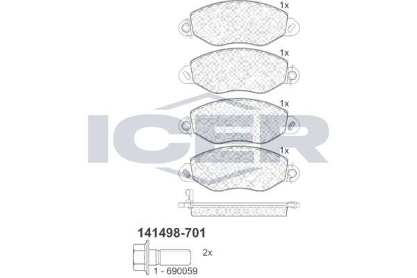 Комплект гальмівних накладок, дискове гальмо, з контактом попередження про знос, гальмівна система Bosch, Ford Transit 00-06 (FWD), Icer 141498-701