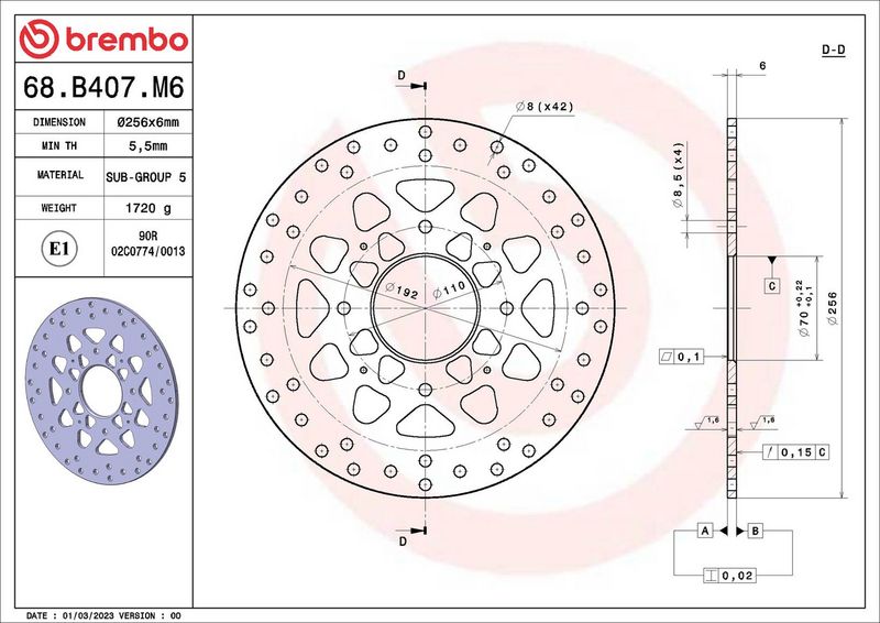 Brake disc Achter vast, 256/70x6mm 4x110mm, diameter bevestigingsgat 8,5mm, hoogte (tussenruimte) 0 past: HONDA CB, VFR 1000R/750F/800/800A (ABS)/800F 1986-2024