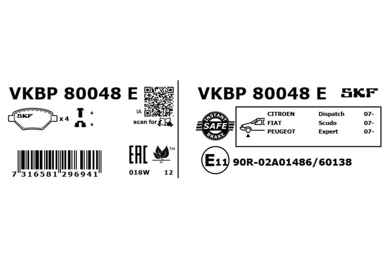 Комплект гальмівних накладок, дискове гальмо, Skf VKBP80048E