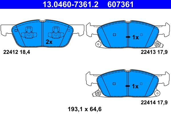 Комплект гальмівних накладок, дискове гальмо, Ate 13.0460-7361.2