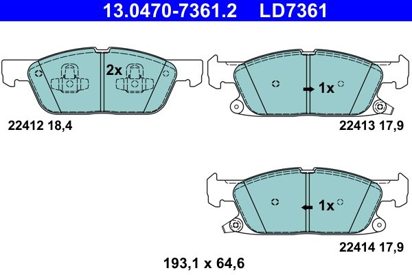 Комплект гальмівних накладок, дискове гальмо, Ate 13.0470-7361.2