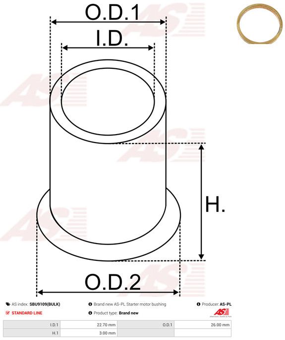 AS-PL SBU9109(BULK) Bush, starter shaft
